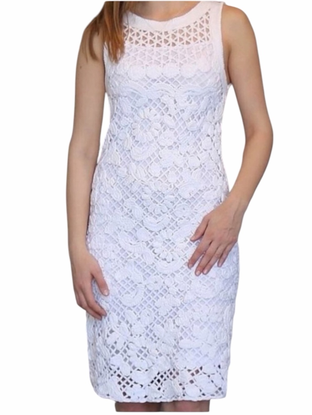 Endless Rose White Lace Crochet Embroidered Lined Sleeveless Cotton Midi Dress - Picture 1 of 8